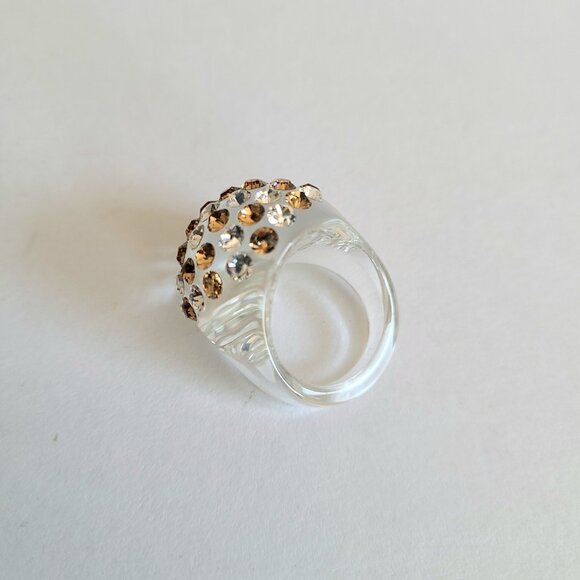 Clear acrylic Lucite dome cocktail ring with gold and clear rhinestones. - Picture 5 of 9